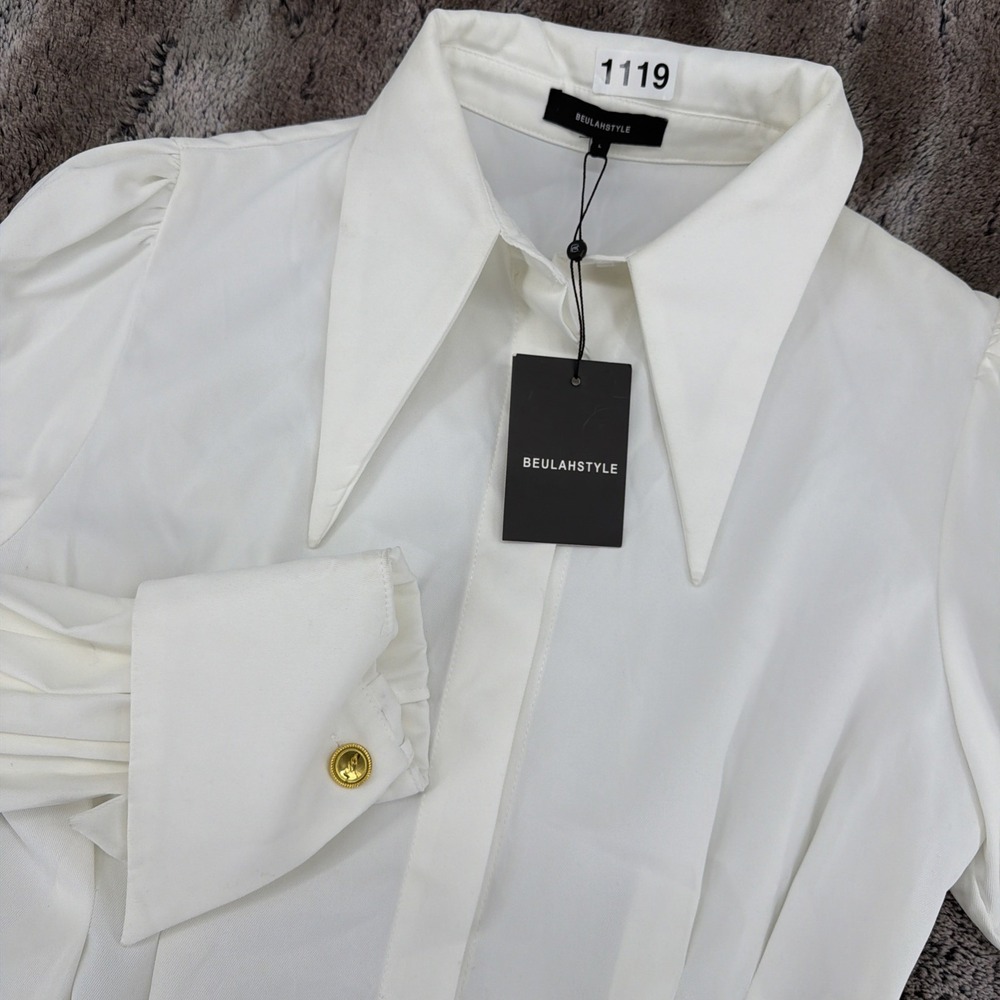 Beulah Style Women's Large White Button Up Shirt Blouse Gold Buttons Chic Edit